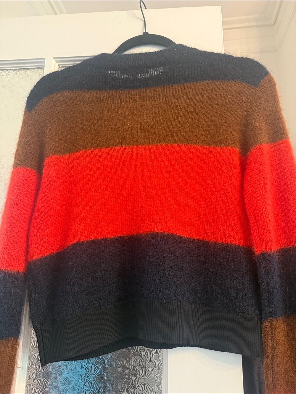 rag & bone Striped Crewneck Sweater in orange, Brown & navy blue. So cozy!